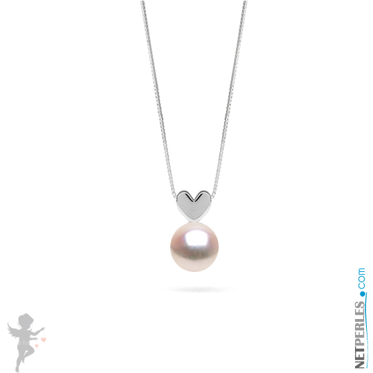 Pendentif coeur en Or gris 14 carats avec sa perle de culture Akoya blanche qualité AAA