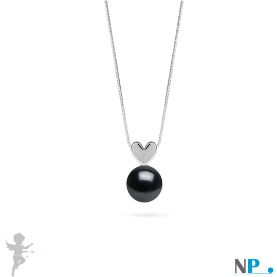 Pendentif coeur en Or gris14 carats et perle noire akoya qualite AAA