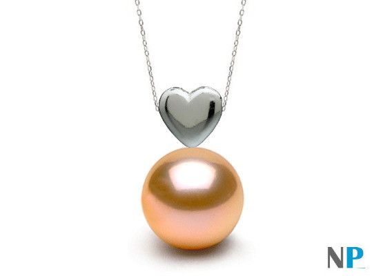 Pendentif coeur en or gris avec perle d'eau douce de couleur naturelle pêche