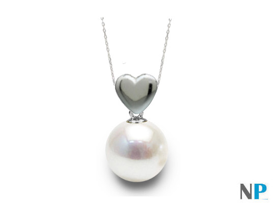 Pendentif Coeur en or gris avec perle blanche d'Akoya très brillante 7-7,5 mm