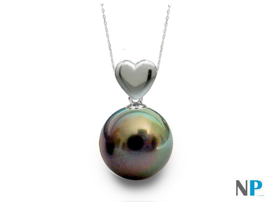 Pendentif coeur en Or gris 18 carats et perle noire de Tahiti qualité AAA