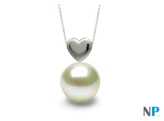 Pendentif coeur en or gris avec perle blanche d'eau douce blanche