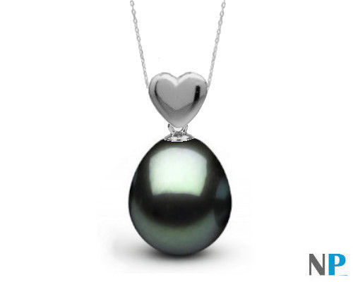 Pendentif coeur en Argent avec perle noire de Tahiti en forme de goutte