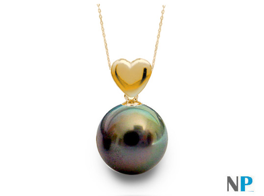 Pendentif coeur en Or jaune 18 carats et perle noire de Tahiti qualité AAA