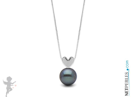Pendentif coeur Or gris  14 carats avec perle noire d'eau douce qualité AAA