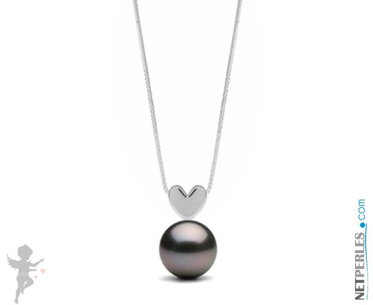Pendentif coeur en Or gris 14 carats et perle noire de Tahiti qualité AAA