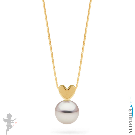 Pendentif coeur en Or jaune 14 carats avec sa perle de culture Akoya blanche qualité AAA