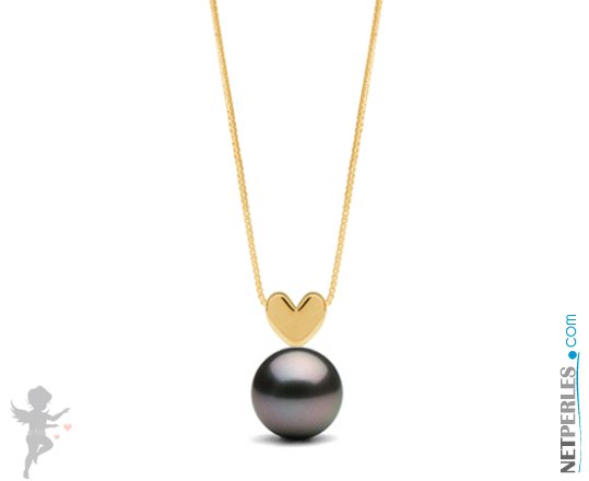 Pendentif coeur en Or jaune 14 carats et perle noire de Tahiti qualité AAA