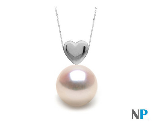 Pendentif Coeur en or gris avec perle blanche d'Akoya très brillante