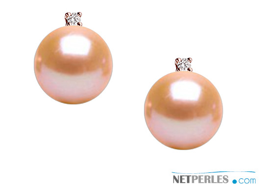 Orecchini oro rosa 18k diamanti e perle Acqua Dolce 8-9 mm AAA rosa pesca