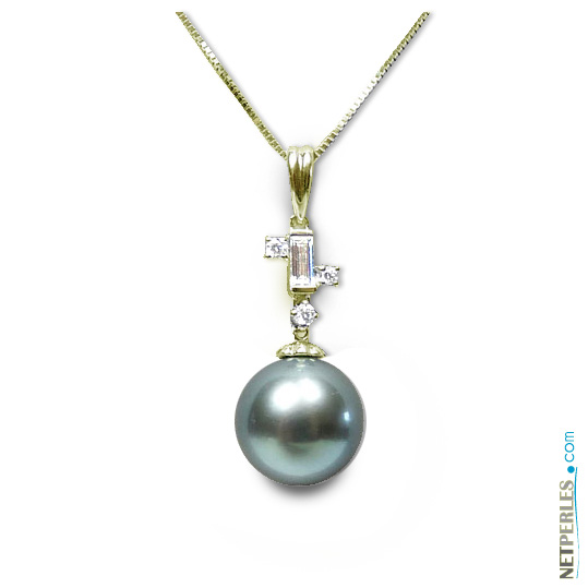 Pendentif Or Jaune 18 k avec Diamant Baguette et Perle de Tahiti AAA