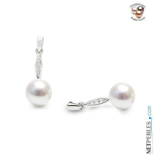 Boucles d'Oreilles Or gris et diamants avec Perles de culture d'eau douce blanches
