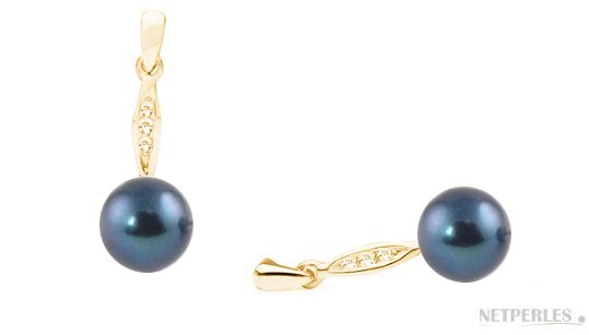 Boucles d'oreilles Or Jaune diamants et perles noires d'Akoya