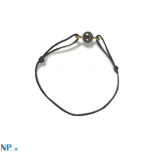 Bracelet cuir noir  avec une belle perle de Tahiti sur Or 18 carats