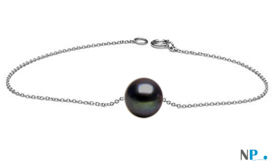 Bracelet Chaine Argent 925 maille forçat avec perle noire d'eau douce