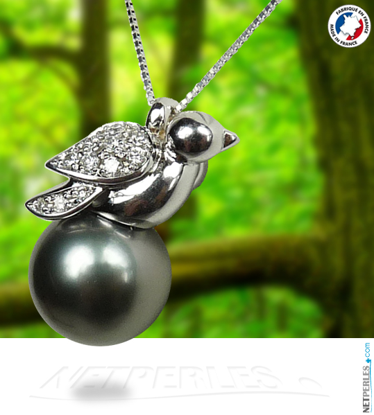 Pendentif Oiseau en Or et diamant avec perle noire de tahiti