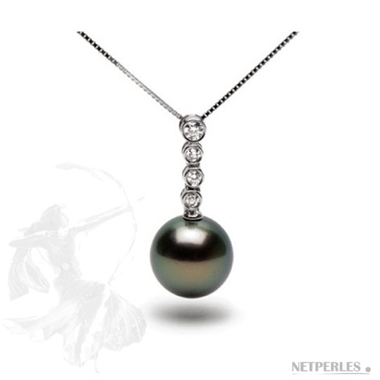 Pendentif Or gris et 4 diamants avec perle de tahiti qualité AAA