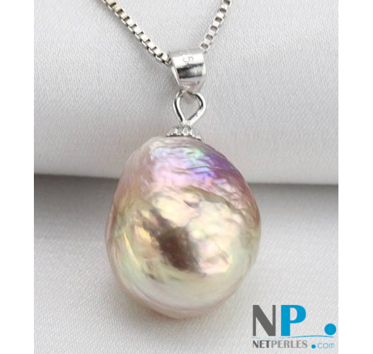 Pendentif en Argent 925 et perle Soufflée d'Eau Douce de grande dimension. Une perle rare!!