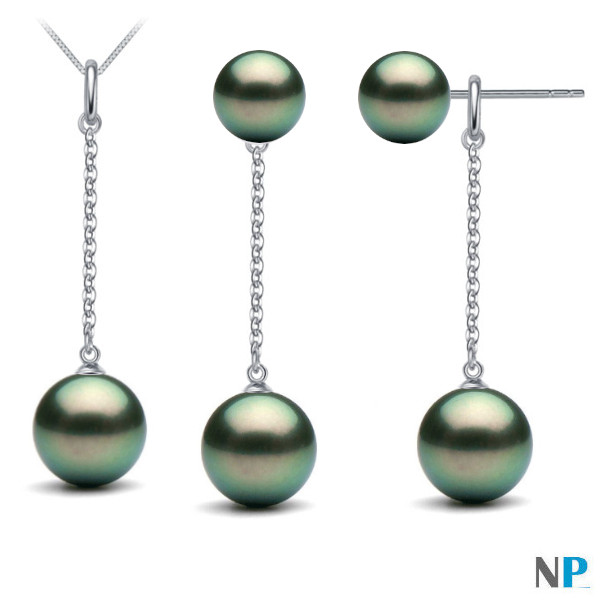 Parure Pendentif et boucles d'oreilles de perles noires de Tahiti