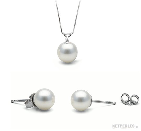 Parure di 2 gioielli: pendente e orecchini con perle d'acqua dolce bianche AAA