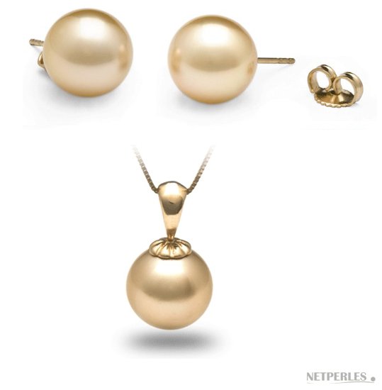 Parure 2 bijoux de perles d'australie dorées