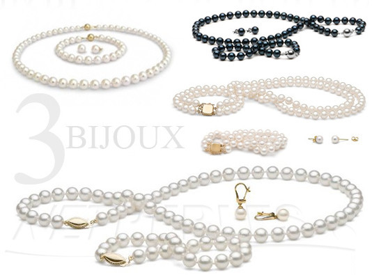 Parure de perles akoya - parures de 3 bijoux de perles associes - perles akoya : bracelet, collier, boucles d'oreilles parfaitement assorties