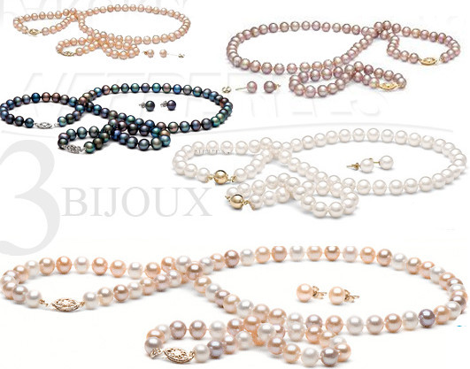 parure de perles - parure de perles 3 bjoux - collier, bracelet, boucles d'oreilles - vraies perles - perles de culture 