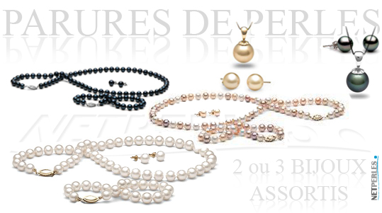 Parures de perles, perles de culture, bijoux de perles, collier bracelet boucles assorits, bijoux assorits