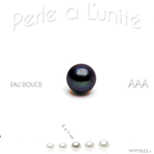 Perle de culture d'Eau Douce noire qualité AAA, bien ronde, diametre 8 à 9 mm