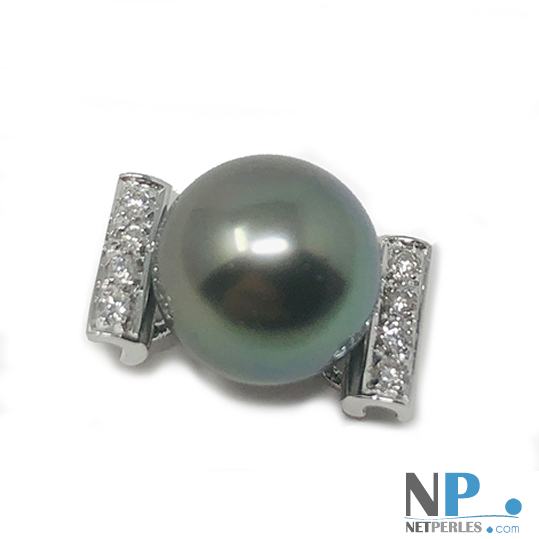 Orecchini Pendenti Da 13 Mm Con Perle Nere Dei Mari Del Sud Di TAHITI E Diamanti In Oro Bianco Massiccio 18 Carati, Stile Pavone, Da Sposa, Grigio, A Goccia, Da Festa, Da - Foto 9