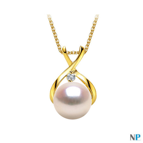 Pendentif en Or Jaune 18k avec diamant et perle blanche Akoya