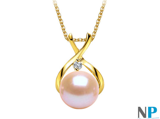 Pendente oro 9k diamante con perla pesca 7-8 mm DOLCEHADAMA catenina oro 18k