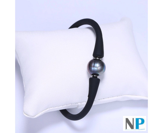 Une perle d'eau douce noire sur bracelet en silicone (perle non incluse)