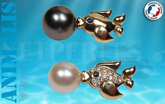 Pendente Pesciolino in oro 18k con diamanti e perla bianca (in basso) o senza diamanti con una perla nera di Tahiti (in alto)