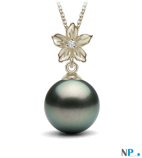 Pendentif Or gris avec un diamant et  une perle de culture de Tahiti qualité AAA