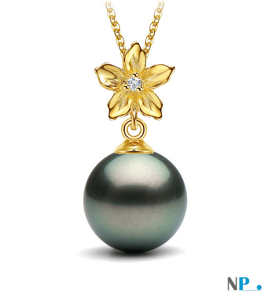 Pendentif Or jaune avec un diamant et  une perle de culture de Tahiti qualité AAA