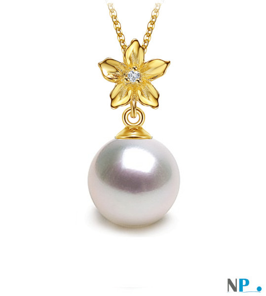 Pendentif Or Jaune 18k avec perle Doucehadama blanche  et un diamant