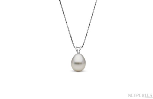 Pendentif Or Gris avec perle d'australie blanche argentée en forme de goutte