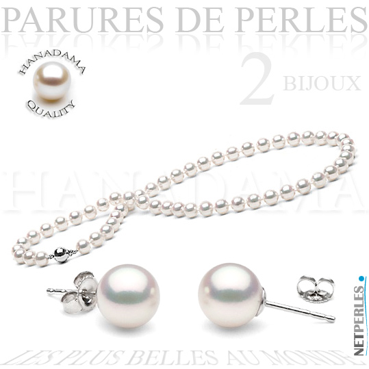 Parure de perles blanches - perles japonaises - perles haut de gamme - vraies perles - perles hanadama