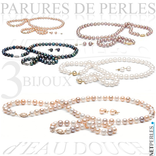 parure de perles - parure de perles 3 bjoux - collier, bracelet, boucles d'oreilles - vraies perles - perles de culture 