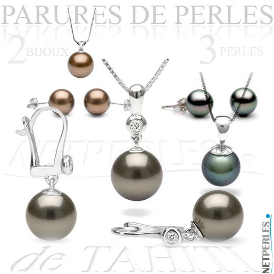 Parure de perles de tahiti - 2 bijoux, 3 perles -  parure de perles noires - vraies perles - perles de culture