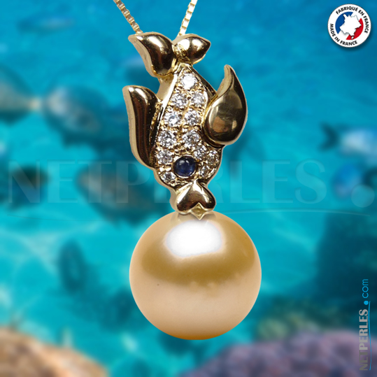 Pendentif perle, poisson en or avec diamants et perle