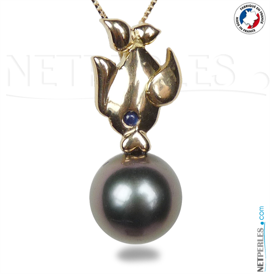 Collier de perles noires de Tahiti, or massif 18 carats sélectionnées AAAA+  pendentif perle noire pour femme, 9-10 mm