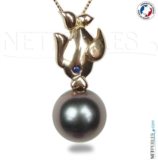 Pendentif poisson Or 18k realisation joaillerie francaise avec perle noire de tahiti