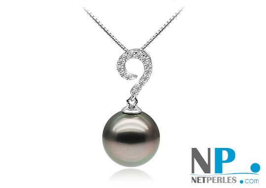 Pendentif Or gris 9k avec diamants et  une perle de culture de Tahiti qualité AAA
