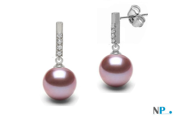 Boucles d'oreilles de perles de culture d'eau douce DOUCEHADAMA  couleur lavande en or gris et diamants