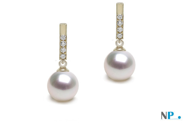 Boucles d'oreilles de perles de culture d'eau douce DOUCEHADAMA blanches en or jaune et diamants