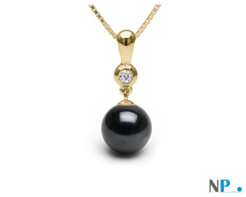 Pendentif Or 18 carats et diamant et perle de culture d'Eau Douce noire qualité AAA