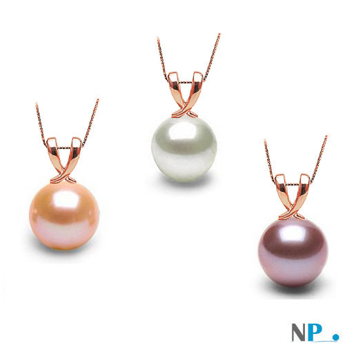 Pendentif Ruban avec perle d'eau douce rose pêche, blanche et lavande, or rose 18k