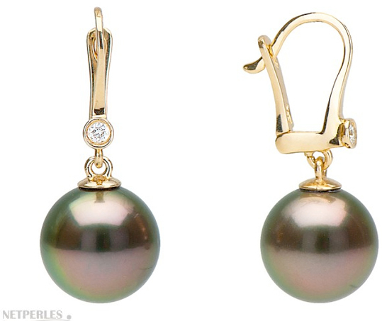 Boucles d'oreilles avec dormeuses or et diamants, perles de Tahiti AAA